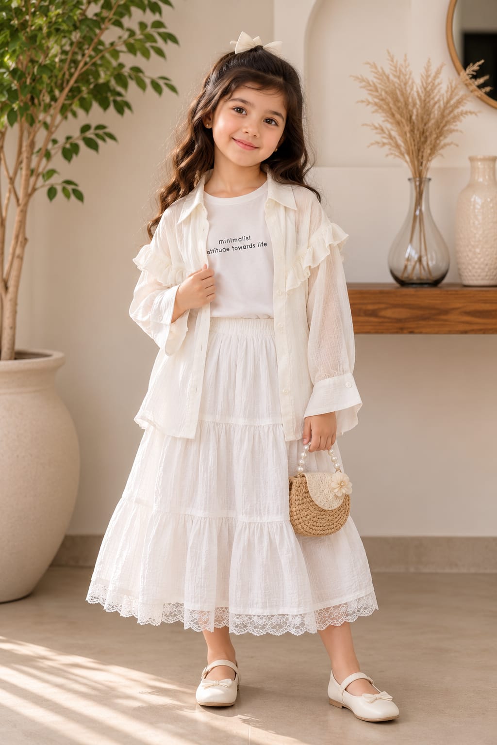 Girls White Layered Skirt Set