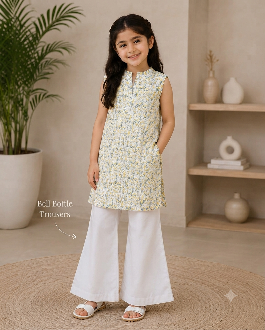 Elegant Girls' Floral Kurti with White Bell Bottom Trousers Set
