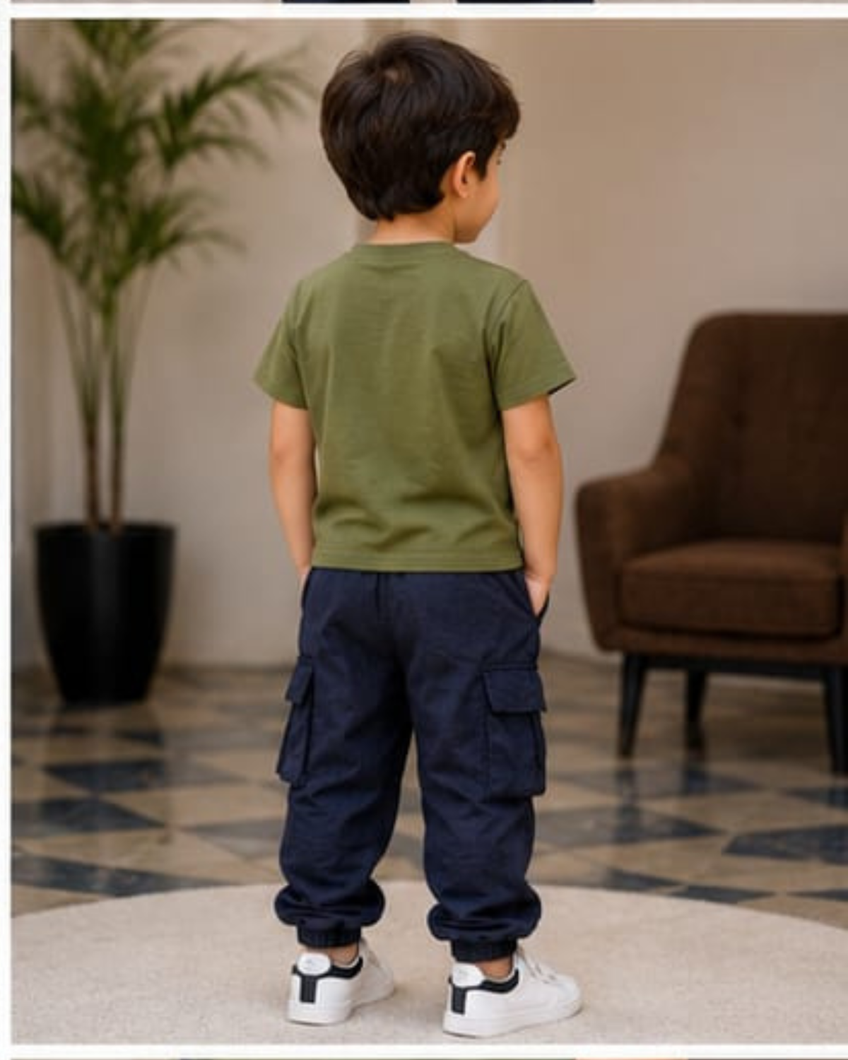 Stylish Boys' Olive Green T-Shirt and Navy Cargo Pants Set