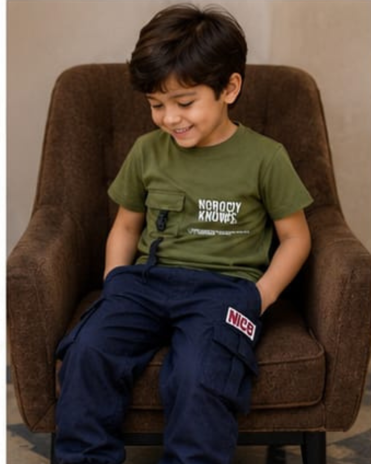 Stylish Boys' Olive Green T-Shirt and Navy Cargo Pants Set
