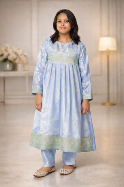 Noor Sky – Girls Premium Silk Embroidered Two-Piece Suit