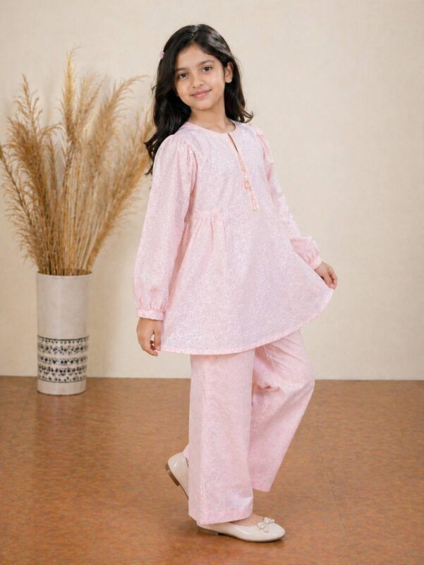 Young girl wearing a soft pink 2-piece outfit with loose-fit top and wide-leg trousers standing in a studio background.