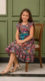 Colorful floral girls frock with frill sleeves, waist belt design, and flowy ruffle hem perfect for stylish summer and party wear.