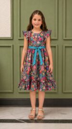 Colorful floral girls frock with frill sleeves, waist belt design, and flowy ruffle hem perfect for stylish summer and party wear.