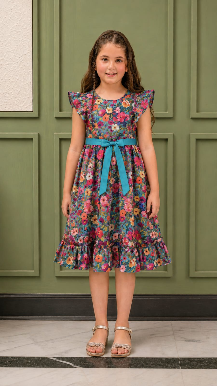 Colorful floral girls frock with frill sleeves, waist belt design, and flowy ruffle hem perfect for stylish summer and party wear.