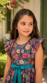 Colorful floral girls frock with frill sleeves, waist belt design, and flowy ruffle hem perfect for stylish summer and party wear.