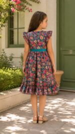 Colorful floral girls frock with frill sleeves, waist belt design, and flowy ruffle hem perfect for stylish summer and party wear.