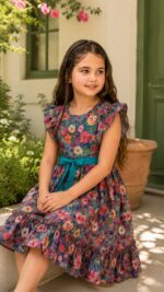 Colorful floral girls frock with frill sleeves, waist belt design, and flowy ruffle hem perfect for stylish summer and party wear.