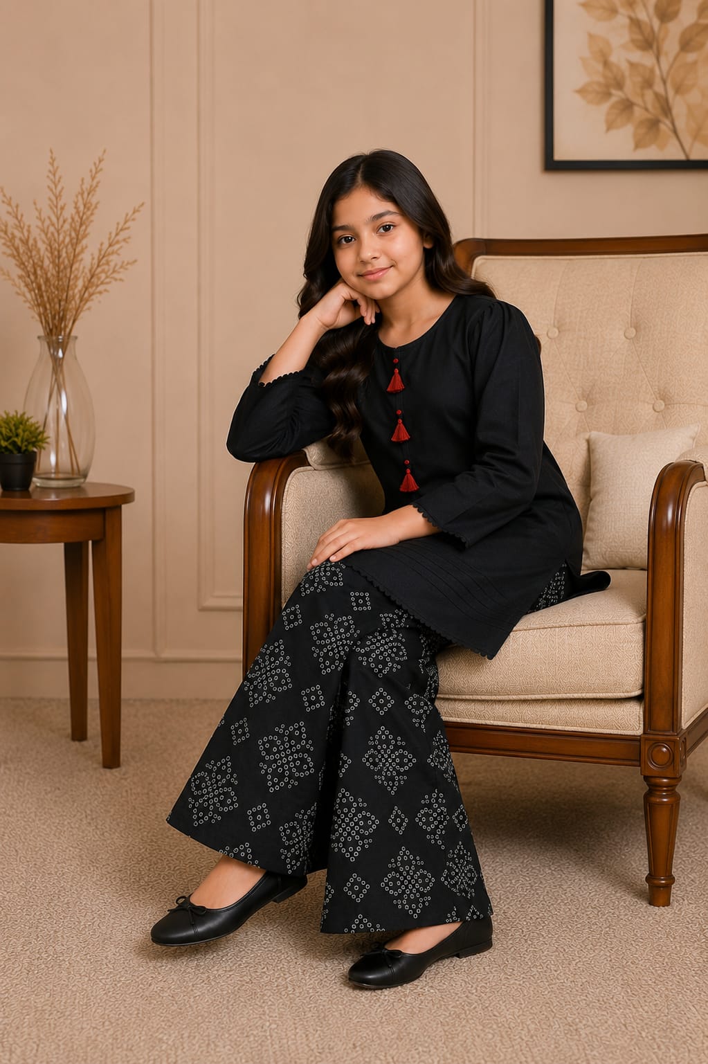 Black premium kids 2-piece suit for girls with printed wide-leg trousers – Yarn Every Style
